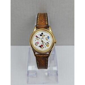 Rare Lorus Mickey & Pals Watch Gold Tone New Battery Leather Disney Characters